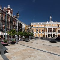 Spain, Extremadura, Badajoz, Plaza de España, Casa Álvarez-Buiza e Ayuntamiento